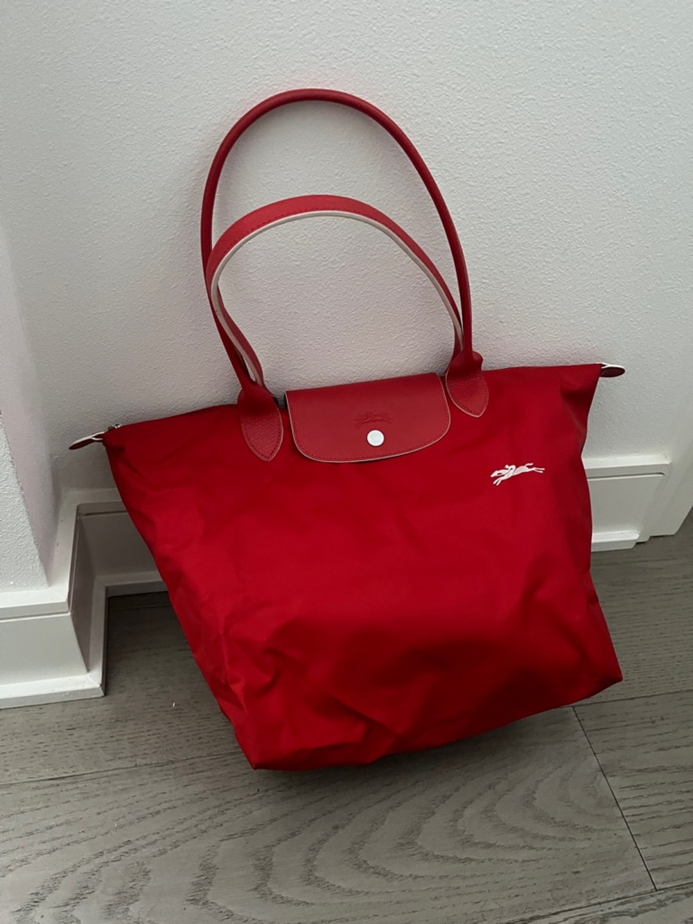 Longchamp Red Nylon Tote with Leather Trim